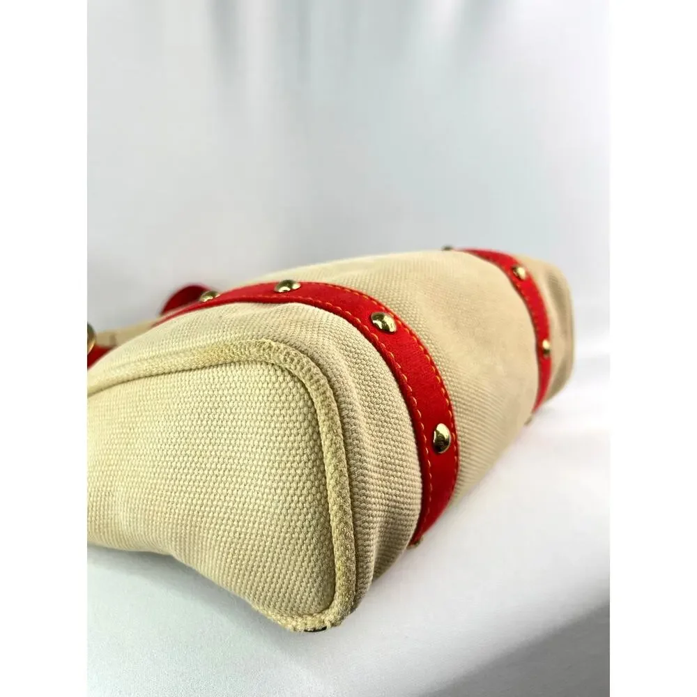 Authentic Louis Vuitton Antigua Cabas MM Canvas Tote Bag Beige Red